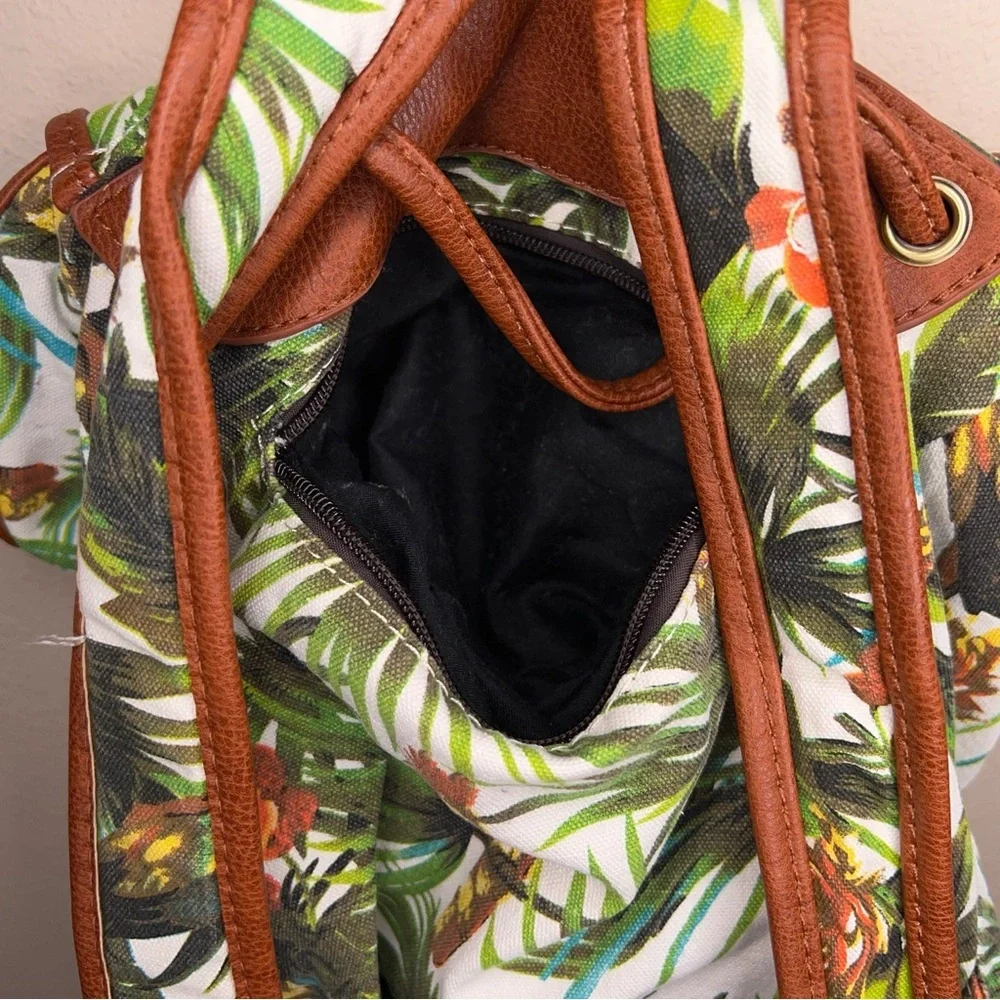 Tropical Backpack Colorful Green White Tan Brown Faux Leather Trim Travel School
